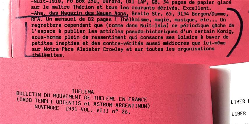 Christian Bouchet, Thelema, Bulletin de l'O.T.O. en France, VIII;26, Château Thébaud, 1991