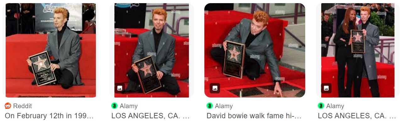 On February 12, 1997, David Bowie unveiled his star on the Hollywood Walk of Fame. Here is a screenshot of a Google search for this event