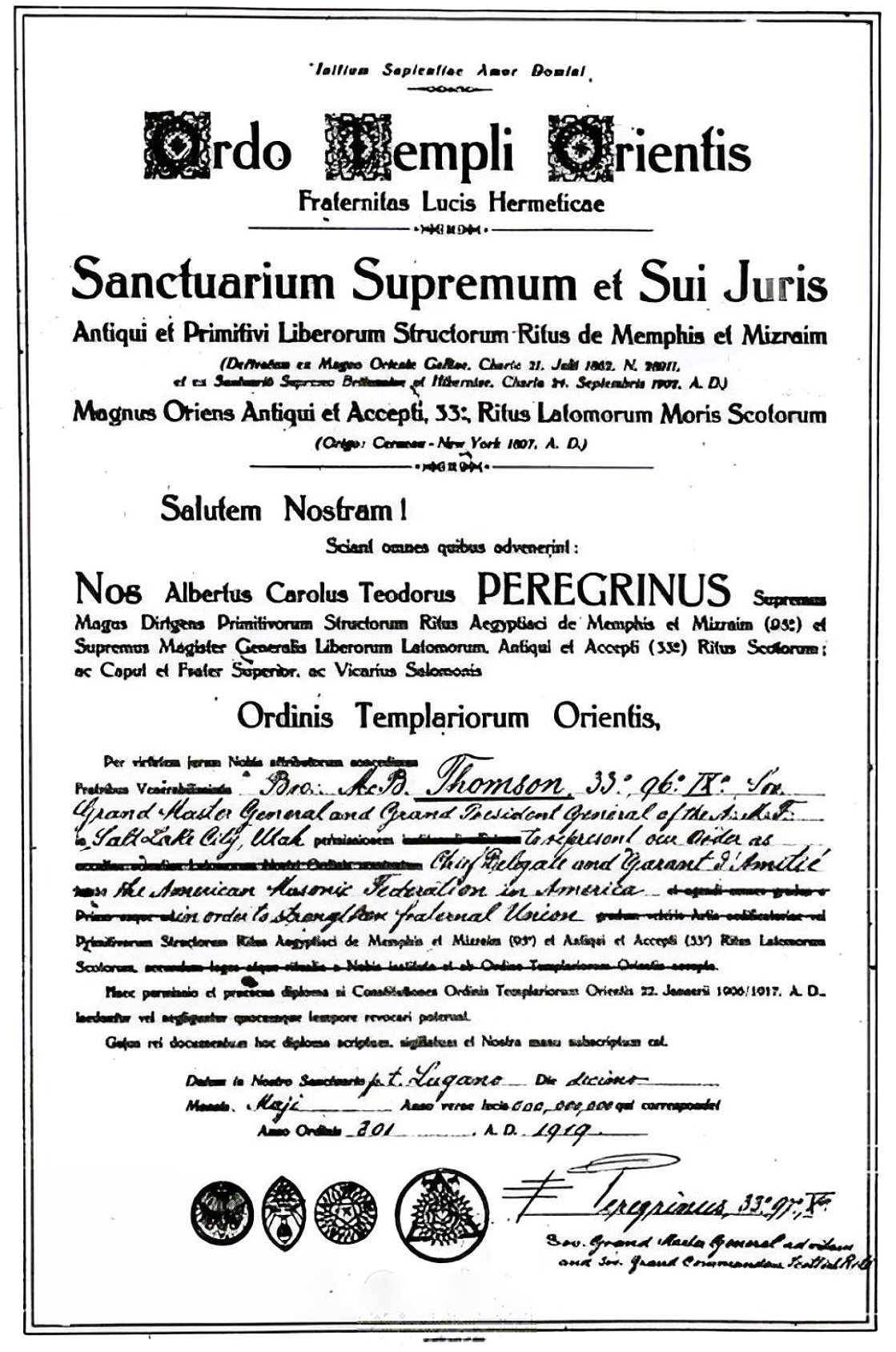 McBlain Thomson 33°, 96°, IX°, Sov. Grand Master  General and Grand President General of Salt Lake City. Theodor Reuss. Ordo Templi Orientis.